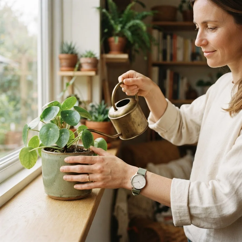 Une femme portant une montre connectée au bracelet vert arrose une plante posée sur le rebord de sa fenêtre.
