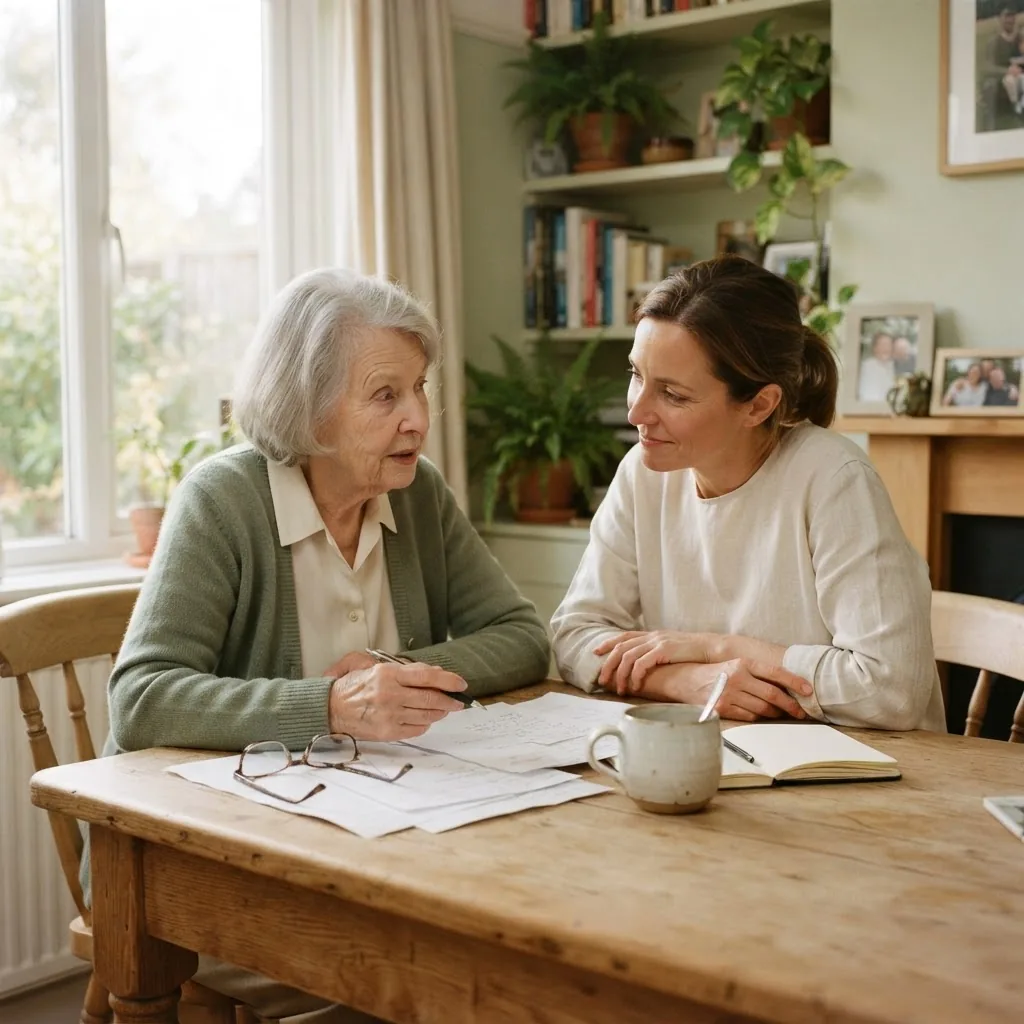 Une femme âgée, un stylo à la main, discute avec une femme plus jeune, assises à la table d'une salle à manger avec des documents devant elles.